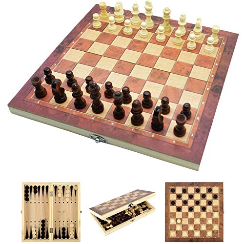 Schachbrett, 3 in 1 Schachspiel Holz,Einklappbar Reiseschach Spiel für Kinder,Tragbares und Faltbares Chess Board Set für Familie Party Reisen (29x29cm) von Jsdoin