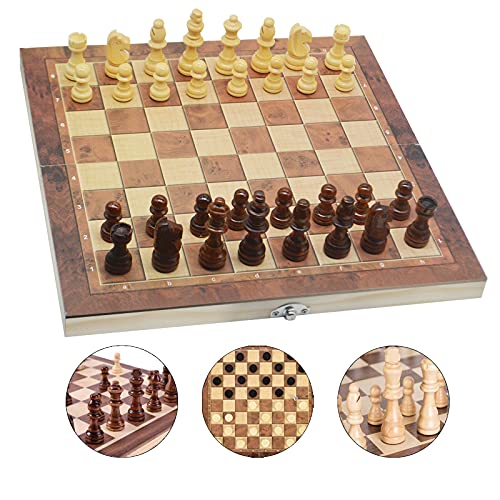 Schachbrett, 3 in 1 Schachspiel Holz,Einklappbar Reiseschach Spiel für Kinder,Tragbares und Faltbares Chess Board Set für Familie Party Reisen (39x39cm) von Jsdoin