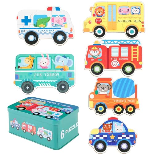 6-Stück Holzpuzzle Spielzeug Set, Holzspielzeug Puzzle Für Kinder, Puzzle Spielzeug Für Weihnachten, Auto Puzzle Für Kinder, Für Frühe Kindheit Puzzle Spielzeug, Kinder Geschenke von Jsleid