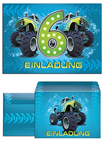 10 Einladungskarten incl. 10 Umschläge zum 6. Kindergeburtstag Monstertruck blau/Monster-Truck/Auto/Einladungen für Jungen von JuNa-Experten