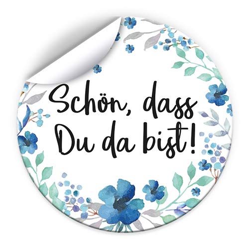 JuNa-Experten 100 Aufkleber SCHÖN, DASS DU DA BIST – Etiketten für Gastgeschenke & Mitgebsel bei Hochzeit, Taufe, Geburtstag, Jubiläum – Blumenmotiv von JuNa-Experten