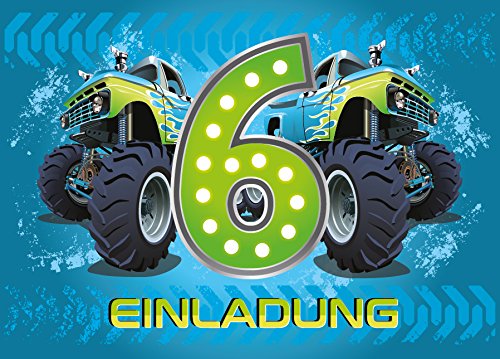 JuNa-Experten 12 x Einladungskarten Kindergeburtstag Monstertruck – Einladungen 6. Geburtstag, farbenfrohe Geburtstagseinladungen, Einladungskarten für die Geburtstagsfeier zum sechsten Geburtstag von JuNa-Experten