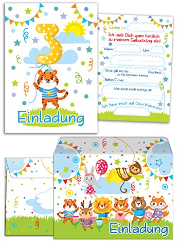 12 Einladungskarten zum 3. Kindergeburtstag für Jungen/Mädchen incl. 12 Umschläge/Bunte Einladungen zum Geburtstag für Jungen/Mädchen Süße Tierchen/Süßer Tiger (12 Karten + 12 Umschläge) von JuNa-Experten