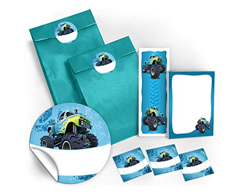 JuNa-Experten 12 Geschenktüten/blau + 12 Aufkleber + 12 Lesezeichen + 12 Mini-Notizblöcke Monster-Truck/Mitgebsel Gastgeschenk für Kinder Jungen Kindergeburtstag Geburtstag Party-Zubehör Giveaways von JuNa-Experten