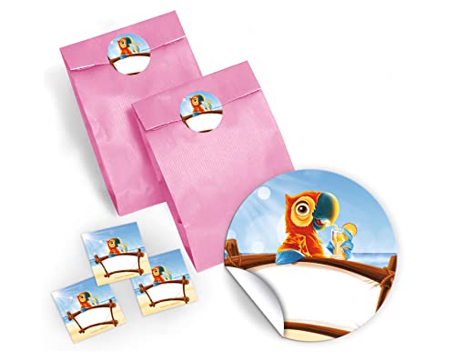 12 Party-Tüten/Hellrosa + 12 Aufkleber für Geschenke oder Mitgebseln beim Kindergeburtstag Papagei Mädchen Jungen/Papier-Tüten für Geschenkverpackung/Geschenktüten von JuNa-Experten