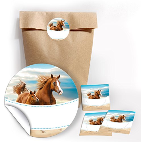 JuNa-Experten 12 Geschenktüten/Natur + 12 Aufkleber Pferde für Geschenke Mitgebseln beim Kindergeburtstag/Papierbeutel für Gastgeschenk mit Sticker von JuNa-Experten