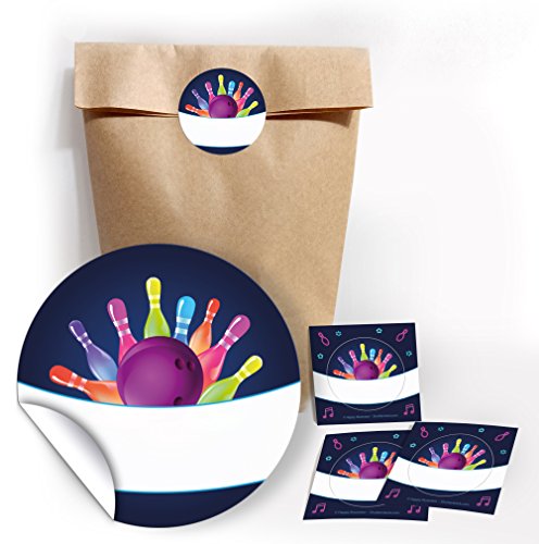 Juna-Experten 12 Geschenktüten Natur + 12 Aufkleber Bowling Neon – Perfekte Papierbeutel für Gastgeschenke und Mitgebsel beim Kindergeburtstag, Inklusive Stickern im Bowling-Design von JuNa-Experten