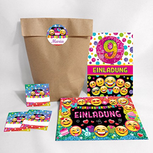 JuNa-Experten 12-er Set Einladungskarten, Umschläge, Geschenktüten, Aufkleber zum 9. Kindergeburtstag für Mädchen/Einladung neunte Geburtstag von JuNa-Experten