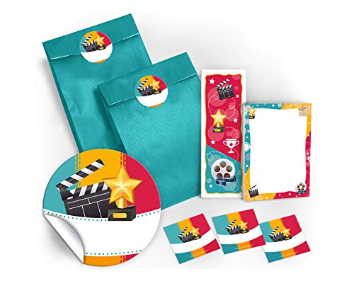 6 Lesezeichen + 6 Mini-Notizblöcke + 6 Geschenktüten/blau + 6 Aufkleber Kino Mitgebsel Gastgeschenk beim Kindergeburtstag Mädchen Jungen von JuNa-Experten