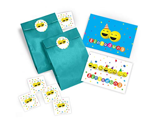 8 Einladungskarten + 8 Umschläge/blau + 8 Tüten/blau + 8 Aufkleber zum Kindergeburtstag für Mädchen und Jungen lustige Party-Bälle von JuNa-Experten