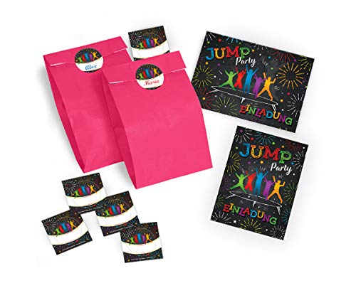 JuNa-Experten 10 Einladungskarten Kindergeburtstag Jump Trampolin Mädchen Jungeincl. 10 Umschläge, 10 Tüten/rosa, 10 Aufkleber von JuNa-Experten