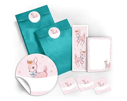 JuNa-Experten 10 Lesezeichen + 10 Mini-Notizblöcke + 10 Geschenktüten/blau + 10 Aufkleber Bambi Mitgebsel Gastgeschenk Kindergeburtstag Mädchen von JuNa-Experten