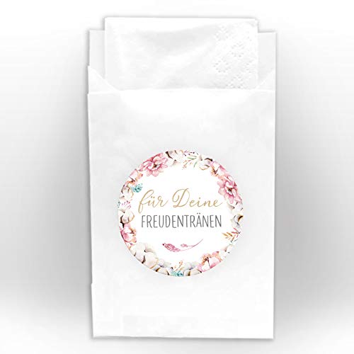 JuNa-Experten 100 Aufkleber für Deine Freudentränen + 100 Tüten/weiß für Hochzeit, Taufe/Aufkleber für Taschentuchtüten/romantische Sticker für Geschenkverpüackung Taschentuchverpackung Blumen von JuNa-Experten