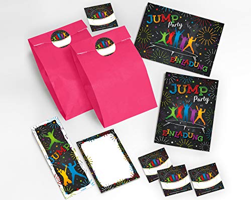 JuNa-Experten 12 Einladungskarten Kindergeburtstag Jump Trampolin Mädchen Junge incl. 12 Umschläge, 12 Tüten/rosa, 12 Aufkleber, 12 Lesezeichen, 12 Blöcke von JuNa-Experten