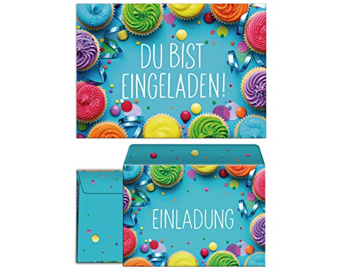 JuNa-Experten 12 Einladungskarten inc. 12 Umschläge zum Kindergeburtstag Mädchen Jungen Muffins Cupcake Einladungen zum Geburtstag von JuNa-Experten