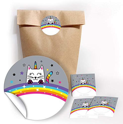 JuNa-Experten 12 Geschenktüten/Natur + 12 Aufkleber Katze-Einhorn für Geschenke Mitgebseln beim Kindergeburtstag / Papierbeutel für Gastgeschenk mit Sticker von JuNa-Experten