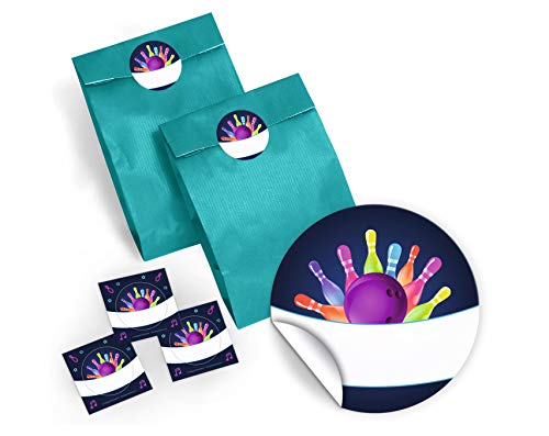 JuNa-Experten 12 Geschenktüten Blau + 12 Aufkleber Bowling Neon – Perfekt für Kindergeburtstags-Gastgeschenke und Mitgebsel, Papierbeutel mit Stickern für Bowling-Party von JuNa-Experten