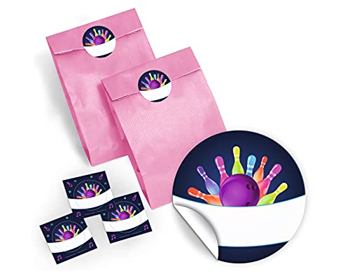 JuNa-Experten 12 Geschenktüten/rosa + 12 Aufkleber Bowling neon für Geschenke Mitgebseln beim Kindergeburtstag/Papierbeutel für Gastgeschenk mit Sticker von JuNa-Experten