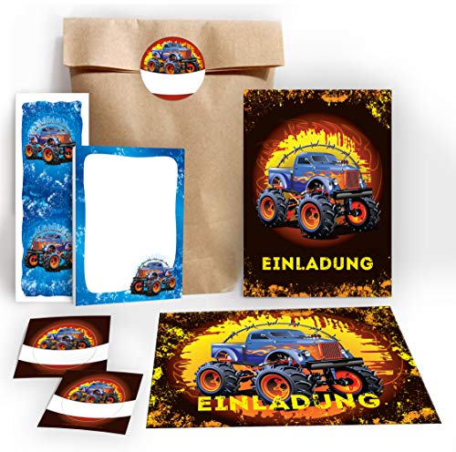 JuNa-Experten 14 Einladungskarten Kindergeburtstag Junge Monster-Truck braun incl. 14 Umschläge, 14 Geschenktüten, 14 Aufkleber, 14 Lesezeichen, 14 Blöcke Mitgebsel Gastgeschenke von JuNa-Experten