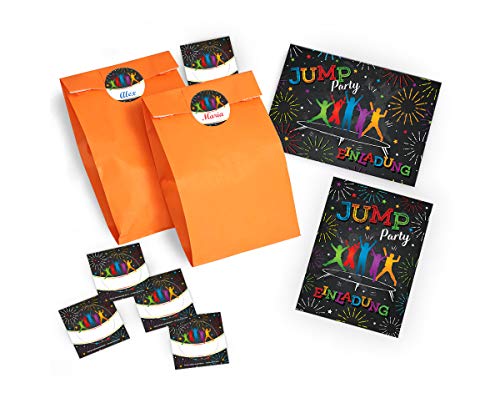 JuNa-Experten 6 Einladungskarten Kindergeburtstag Jump Trampolin Mädchen Junge incl. 6 Umschläge, 6 Tüten / orange, 6 Aufkleber von JuNa-Experten