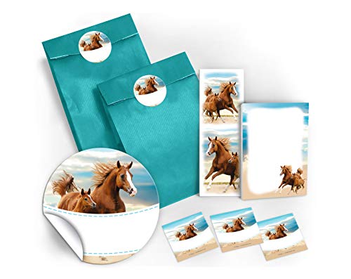 JuNa-Experten 6 Lesezeichen + 6 Mini-Notizblöcke + 6 Geschenktüten/blau + 6 Aufkleber Zwei Pferde Mitgebsel Gastgeschenk beim Kindergeburtstag Mädchen von JuNa-Experten