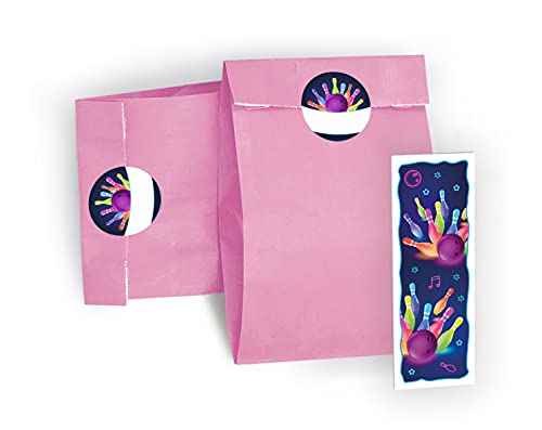 Mitgebsel Set aus 12 Geschenktüten/rosa, 12 Aufkleber und 12 Lesezeichen Bowling neon/Gastgeschenk bei Geburtstag Kindergeburtstag Hochzeit Taufe Einschulung für Kinder Jungen Mädchen von JuNa-Experten