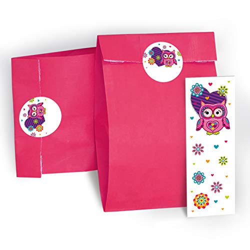 JuNa Party-Experten Mitgebsel Set aus 12 Geschenktüten/rosa, 12 Aufkleber und 12 Lesezeichen Eule/Gastgeschenk bei Geburtstag Kindergeburtstag Hochzeit Taufe für Kinder Mädchen von JuNa Party-Experten