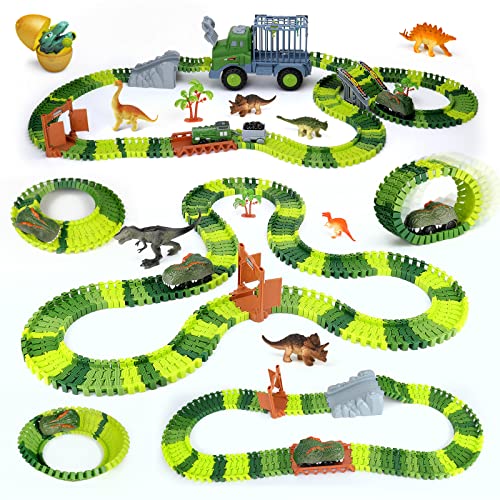 JuanKidbo Dinosaurier Rennstrecke Spielzeuge, Flexible Bahngleise Spielset, Dino Cars Spielzeug mit Lichtern und Dinosaurier-Rennbahn-Set, Geschenk für Jungen und Mädchen im Alter von 3 4 5 6 Jahren von JuanKidbo