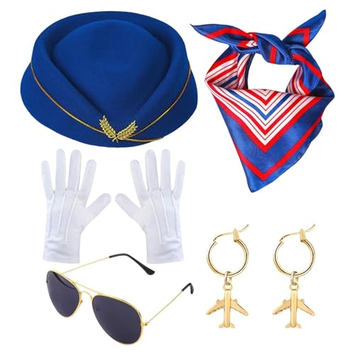 Jubepk Air Hostess Outfit | Halloween Cosplay Kostüm | Stewardess Zubehör Kit | Attendant Kostüm Vintage Stewardess Kostüme Attendant Zubehör Kostüm mit Hut und Schal von Jubepk