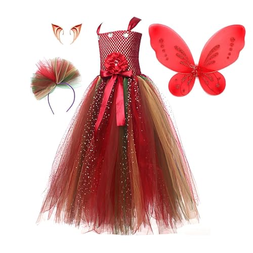Jubepk Feen-Outfits für Mädchen, Feenkostüm für Mädchen - Prinzessinnenkleid Feenoutfit - Partykleid mit Zauberstab-Stirnohren, verkleiden Sie sich als Feenflügel-Kostüm von Jubepk