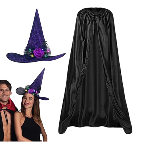 Jubepk Halloween Hexen Cape,Halloween Kostüm Cape - Hexenumhang Capes Set | Schwarzes Cape-Set mit leuchtendem Hexenhut, Halloween-Kostüme für Erwachsene für Kostüm-Rollenspiele, Halloween-Foto von Jubepk