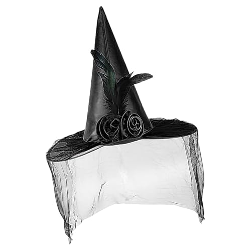 Jubepk Halloween-Hexenhut für Damen, Cosplay-Hut, Zauberer-Kostüm, Partyhut, breite Krempe, spitzer Hut, Feder, Rose, Zaubererhut, Halloween-Kostüm-Zubehör von Jubepk