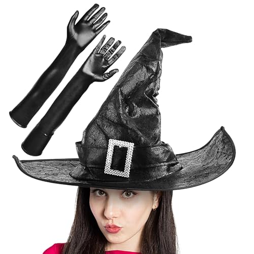 Jubepk Hexenhüte für Damen, Halloween-Hut, Cosplay, Hexenhut, Partyhut, Zaubererhut, schwarzer Hut mit langen Handschuhen, Halloween-Kostüm-Zubehör, Partyzubehör von Jubepk