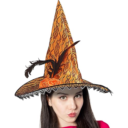 Jubepk Hexenhut Halloween, Halloween Zaubererhut, Erwachsenenkostümhut, Spitzenkrempe Hut, Damen Hexenhut mit Spitzenkrempe, ein perfektes Accessoire für Halloween-Kostümpartys, Hinzufügen eines von Jubepk