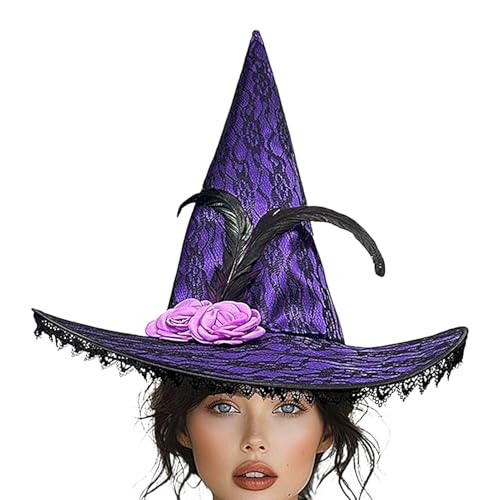 Jubepk Hexenhut Halloween, Halloween Zaubererhut, Erwachsenenkostümhut, Spitzenkrempe Hut, Damen Hexenhut mit Spitzenkrempe, ein perfektes Accessoire für Halloween-Kostümpartys, Hinzufügen eines von Jubepk