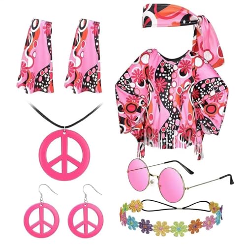 Jubepk Hippie Costume, Women Dresses, Seventies Costume Women, Retro Festival Outfit, Women’s 70s Hippie Costume With 7-piece Accessories For Disco Parties, And Retro-themed Events von Jubepk