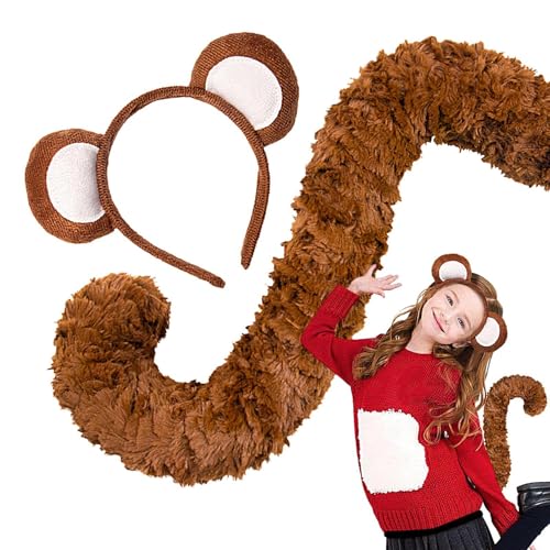 Jubepk Kinder Stirnbänder, Stirnband für Kinder, Affenkostüm-Set, Erwachsenenkostüm, Kinder und Erwachsene Affenkostüm-Set mit Ohren Stirnband und Schwanz für Zoo-Mottopartys und Cosplay-Events von Jubepk