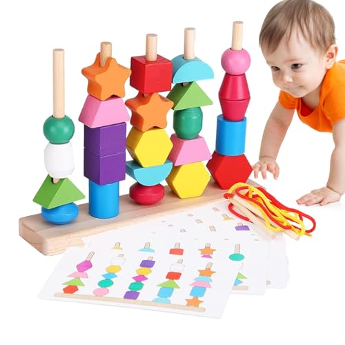 Jubepk Schnürperlen Spielzeug | Schnürperlen Aus Holz | Holzperlen Spielzeugset | Holzperlen-Spielzeugset, Reihenfolge Der Holzperlen Für Kinder, Schnürperlen Und Stapelblock Für Und Mädchen Im Alter von Jubepk