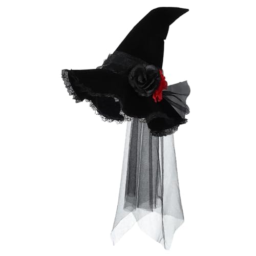 Jubepk Schwarzer Halloween Hexenhut, Blume Hexenhut, Zauberer Cosplay Hut, Erwachsene Halloween Kostüme, Stilvoller schwarzer Hexenhut für Halloween Partys mit Blumen Mesh Hexenhut für Erwachsene von Jubepk