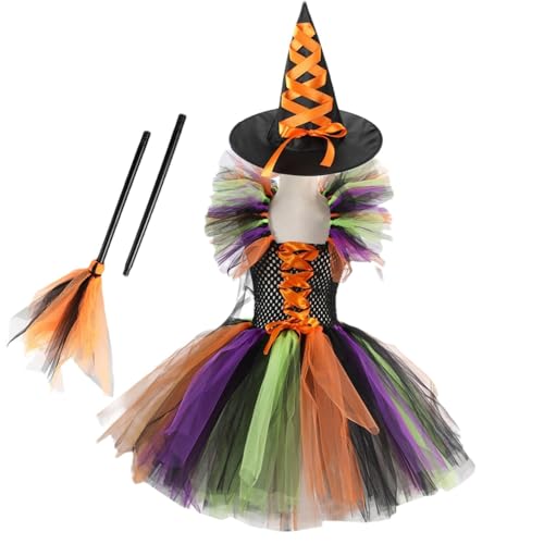 Jubepk Witch Costume Kids | Childrens Witch Costume | Tutu Witch Dress Costume, Halloween Witch Outfit, Witch-Themed Dress With Broom & Witch Hat, Girls Witch Costume For Halloween Parties von Jubepk