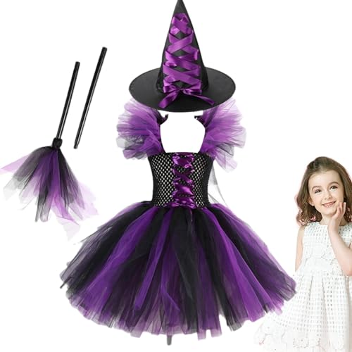 Jubepk Witch Costume Kids | Childrens Witch Costume | Tutu Witch Dress Costume, Halloween Witch Outfit, Witch-Themed Dress With Broom & Witch Hat, Girls Witch Costume For Halloween Parties von Jubepk