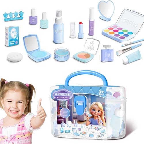 Pretend Play Makeup Toys, Little Girl Princess Makeup Play House Kit, Edutainment Cosmetic Set 7.48x3.94x5.12 inches for Children's Day, Birthday, Brown, Pink, Blue von Jubepk