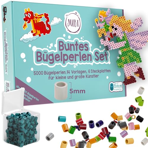 Jubi® Bügelperlen Set | 15 Farben sortiert, 6 Steckplatten, 14 Vorlagen & Zubehör| 5mm Perlen für Kinder, Mädchen & Jungs | Kreatives Bastelset für fantasievolles Gestalten von Jubi