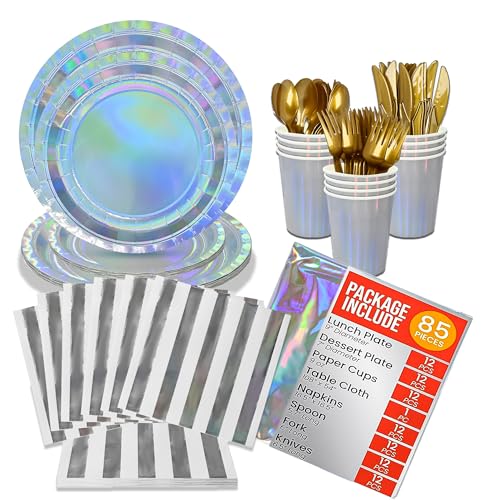 Jubi Glänzende silberne holografische Pappteller Party-Set für 12 Personen, schillerndes Partyzubehör – inklusive silbernen holografischen Papptellern, Bechern, Gabel, Löffel, Servietten, Messern und von Jubi