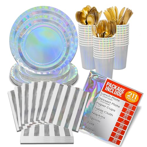 Jubi Glänzende silberne holografische Pappteller Party-Set für 30 Personen, schillerndes Partyzubehör – inklusive silbernen holografischen Papptellern, Bechern, Gabel, Löffel, Servietten, Messern und von Jubi