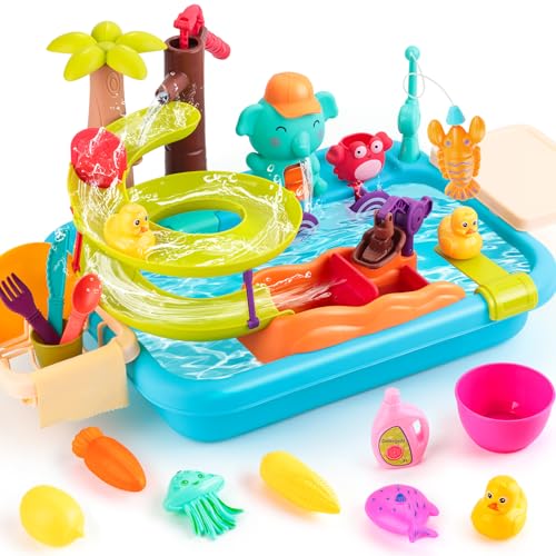 Juboury Küchenspüle Spielzeug Set, kinderwaschbecken mit Wasserhahn, Spielzeugzubehör für die Spielküche, Schwimmendes Angelspielzeug für Das Wasserspiel, Rollenspiel Spielzeug für Mädchen Jungen von Juboury