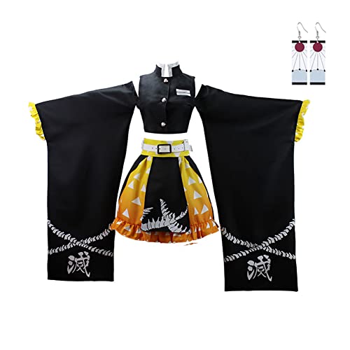 Juejuezi New Zenitsu Tanjirou Cosplay Kostüm Anime Kimono Halloween Schulterfreier Rock Nezuko Shinobu Outfit mit Ohrringen (Gelb, 3XL) von Juejuezi