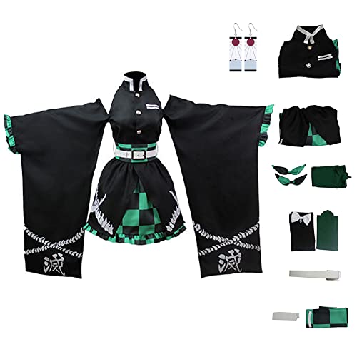 Juejuezi Zenitsu Tanjirou Cosplay-Kostüm, Anime-Kimono, Halloween, schulterfreier Rock, Shinobu-Outfit mit Ohrringen (XS, Grün) von Juejuezi