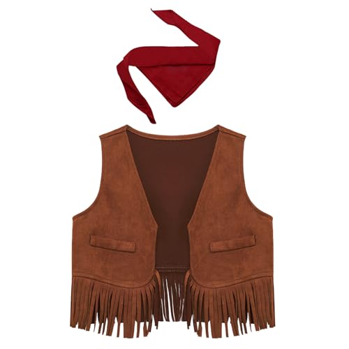 Jugaoge Baby Cowboy Weste Western Cowgirl Wildleder Weste mit Fransen Halstuch Jungen Mädchen Halloween Cosplay Outfits Braun 104-110 von Jugaoge