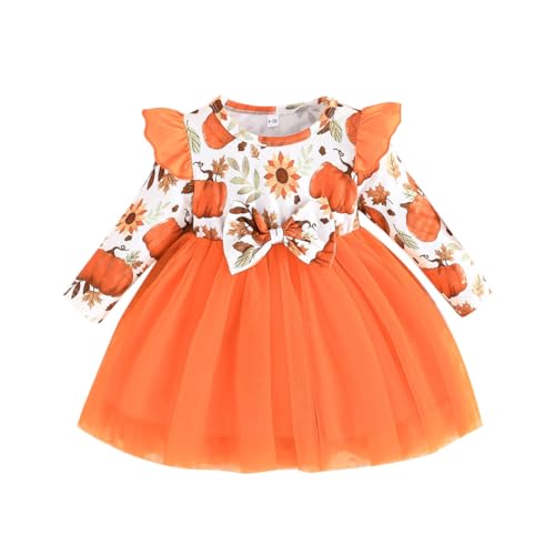 Jugaoge Baby Mädchen Halloween Kostüm Langarm Blumenmuster Tunika Kürbis Kleid mit Tüllrock Partykleid Fotoshooting Outfits Orange 74-80 von Jugaoge